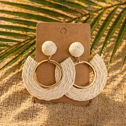 Raffia korvakorut, pyöreä, valkoinen