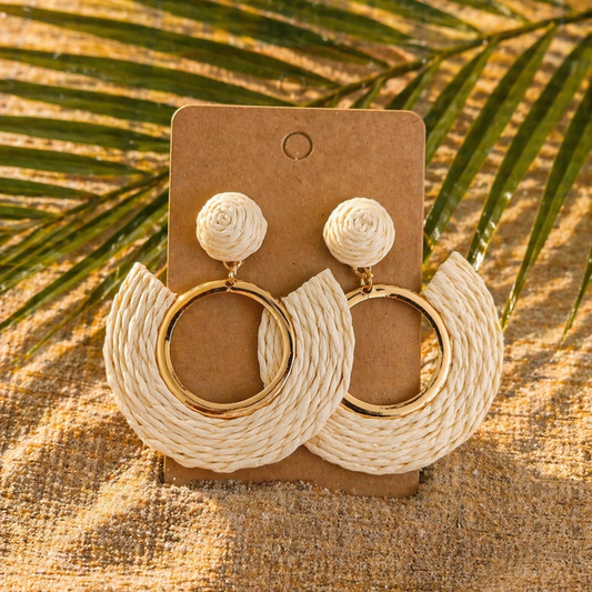 Raffia korvakorut, pyöreä, valkoinen